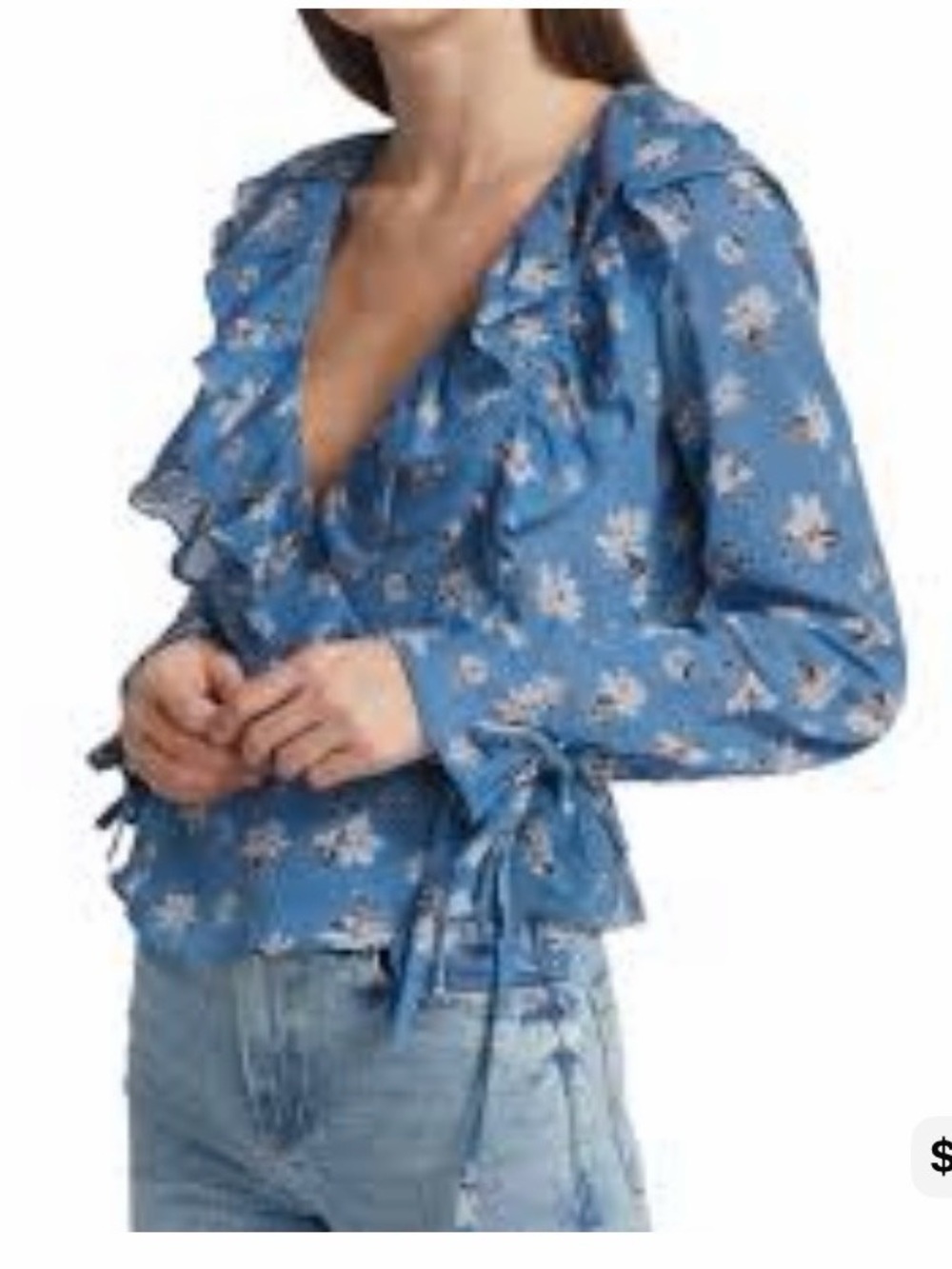 #681 Free People Amanda  Blue Floral Ruffle V-Neck Blouse - Picture 2 of 13